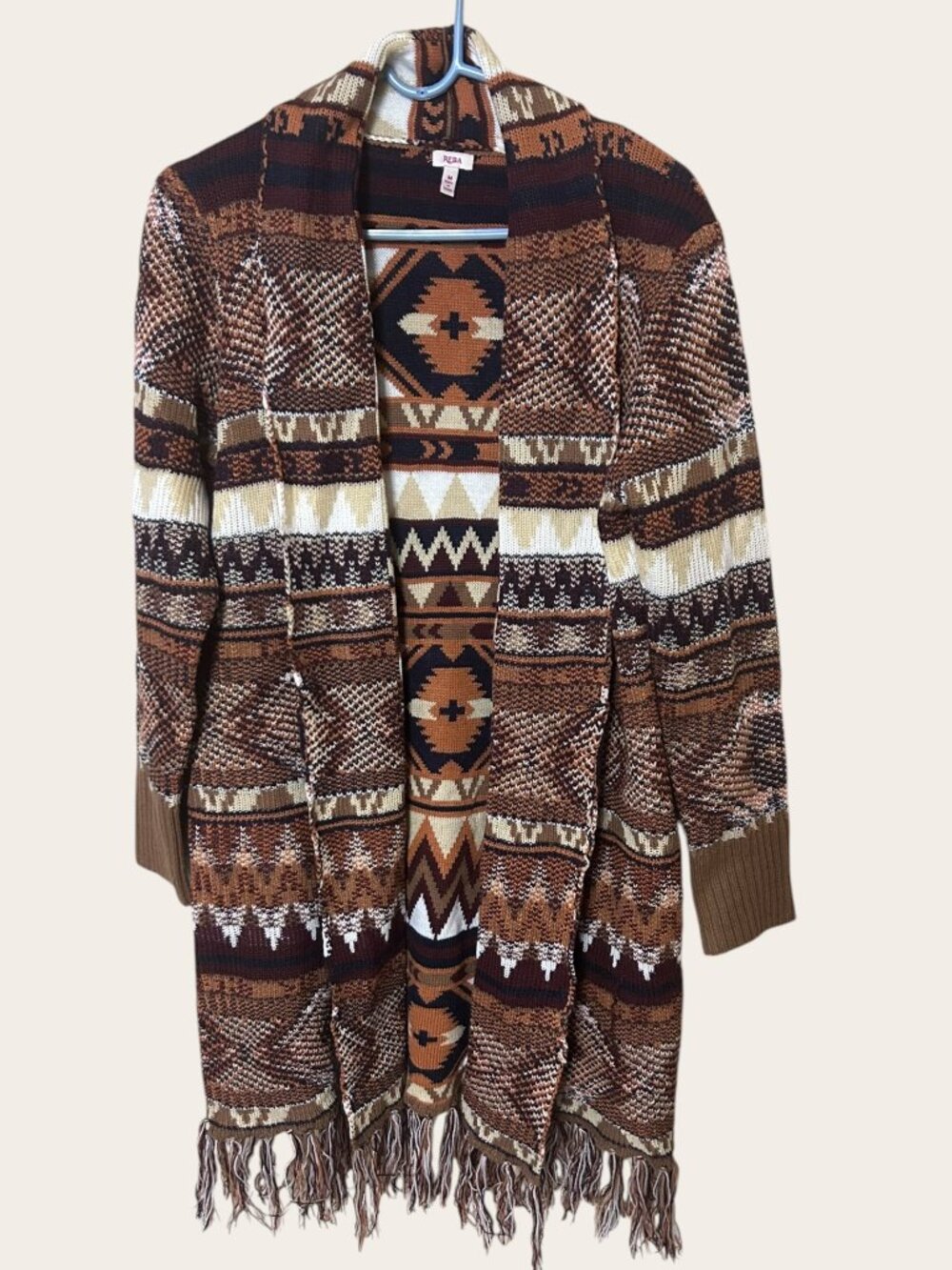 Reba Southwestern Aztec Fringe Duster Cardigan Brown Rust Boho Western Size M